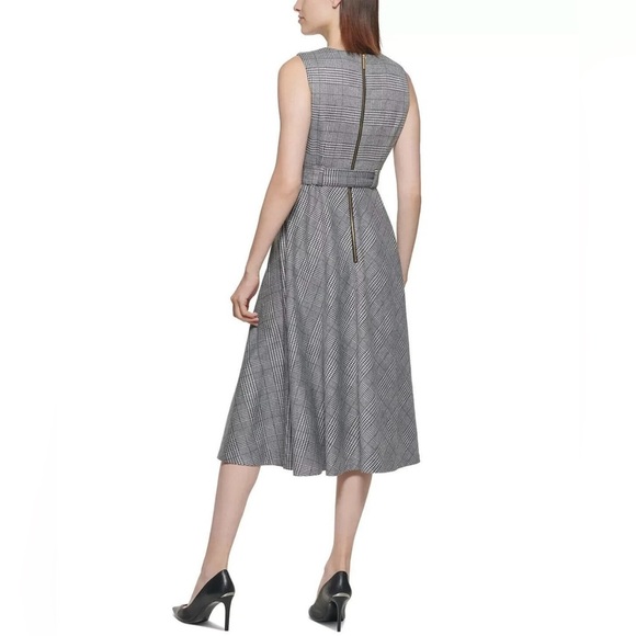 Calvin Klein Gray Fit + Flare ‘Glen’ Plaid Belted Midi Dress, Size 4 - Picture 3 of 7